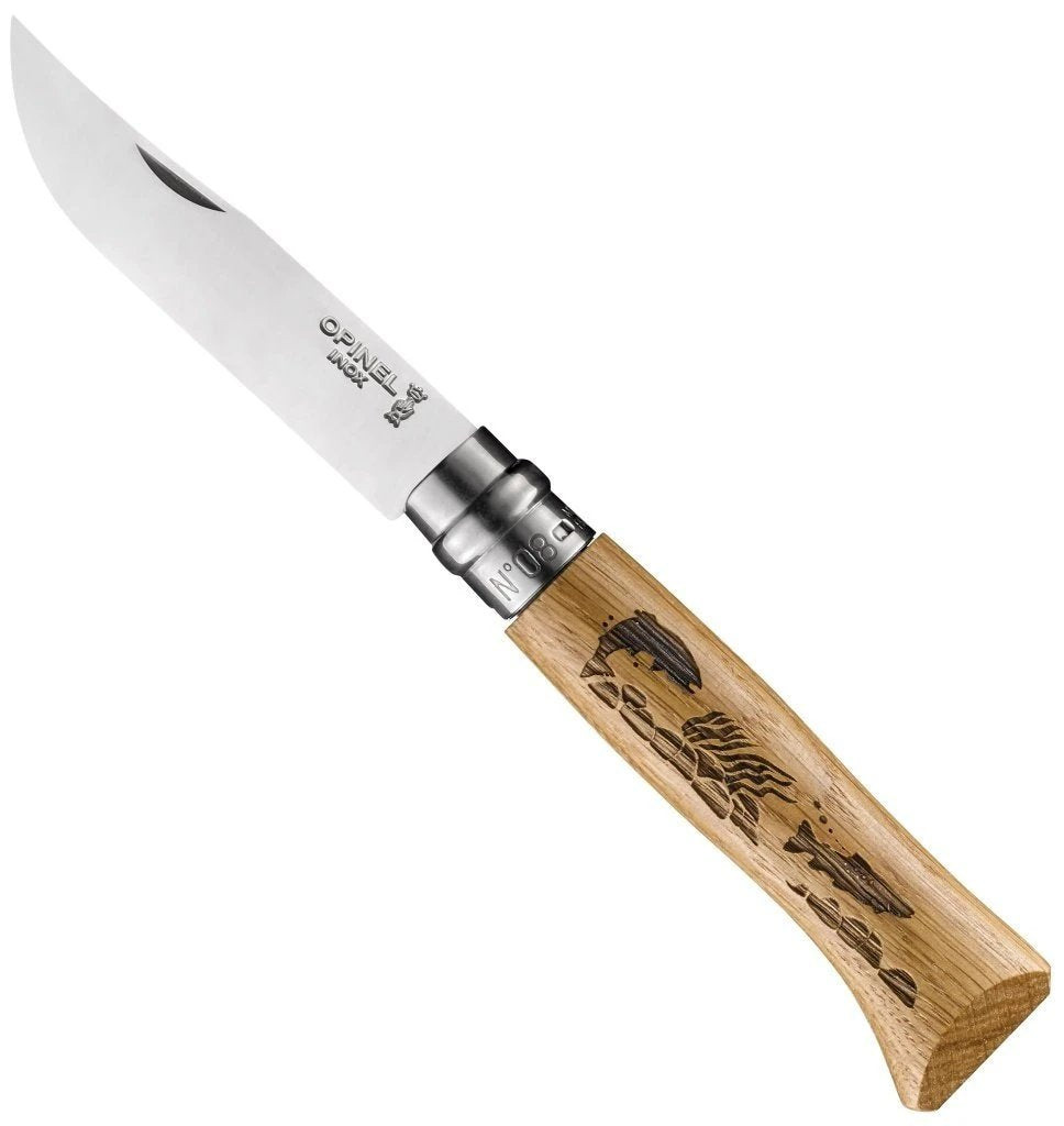 Opinel No.08 Oak Engraved Handle Folding Knife - Animalia 002334