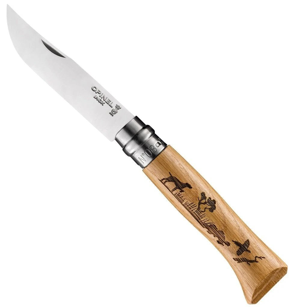Opinel No. 08 Oak Engraved Handle Folding Knife - Animalia 002335