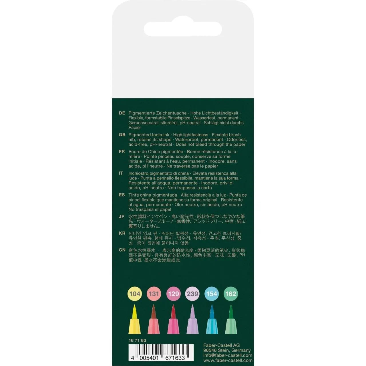 Faber-Castell Pitt Artist Pen Brush India ink pen wallet of 6, Pastel 167163