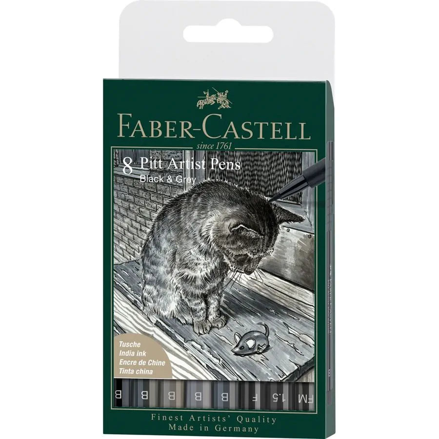 Faber-Castell Pitt Artist Pen Brush India ink pen wallet of 8, Black&Grey 167171