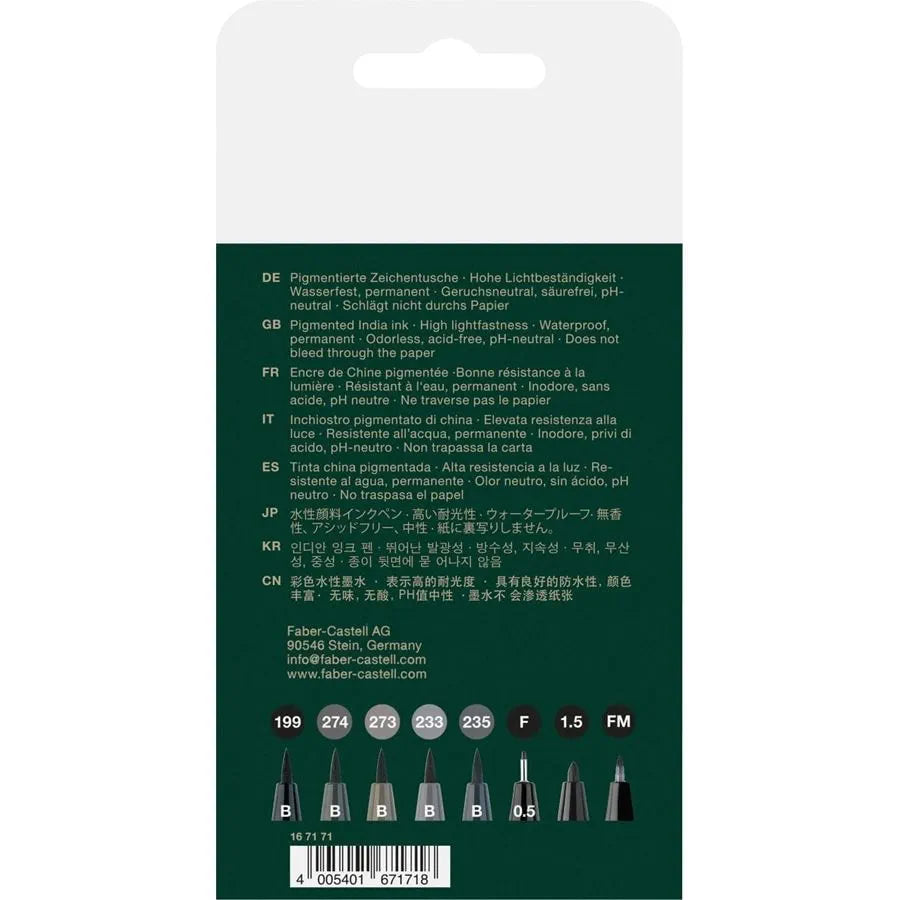 Faber-Castell Pitt Artist Pen Brush India ink pen wallet of 8, Black&Grey 167171