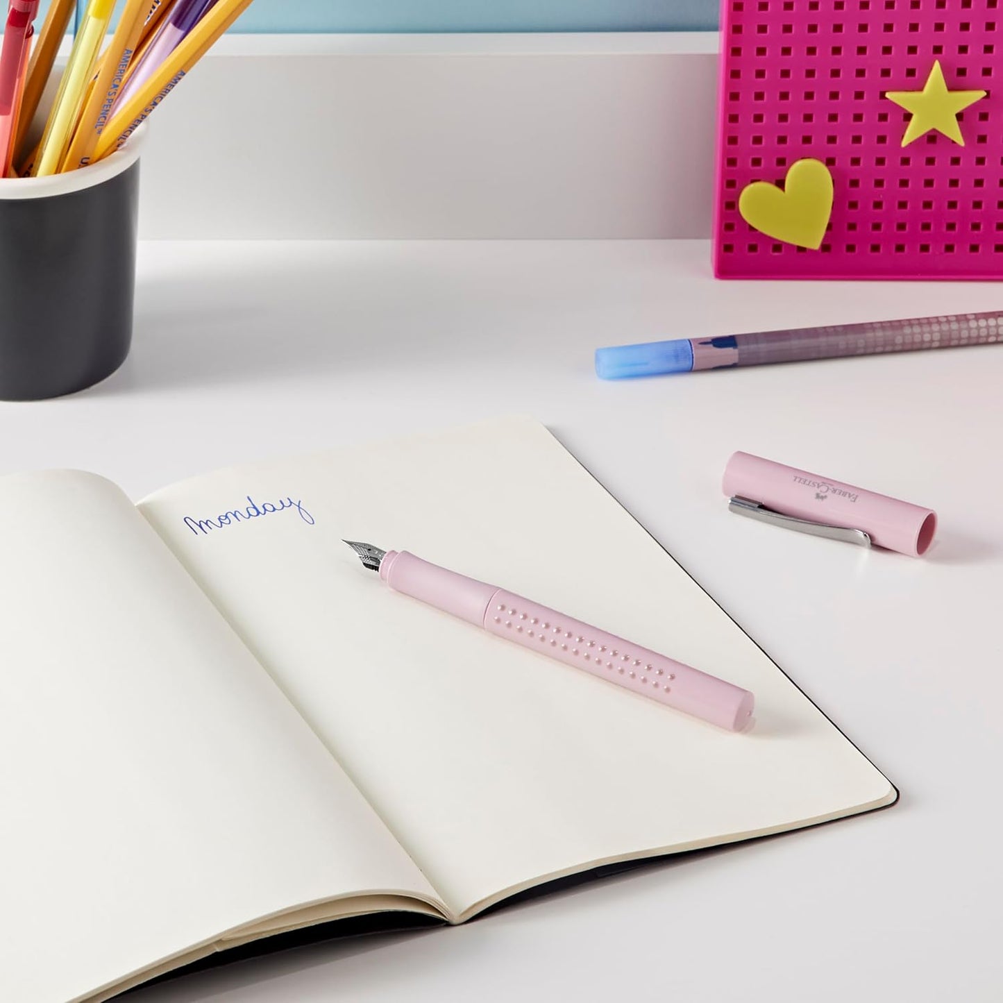 Faber-Castell Grip 2010 Harmony Fountain Pen, Nib M, Rose Shadow, with Ink Eraser and 12 Replacement Cartridges 202037