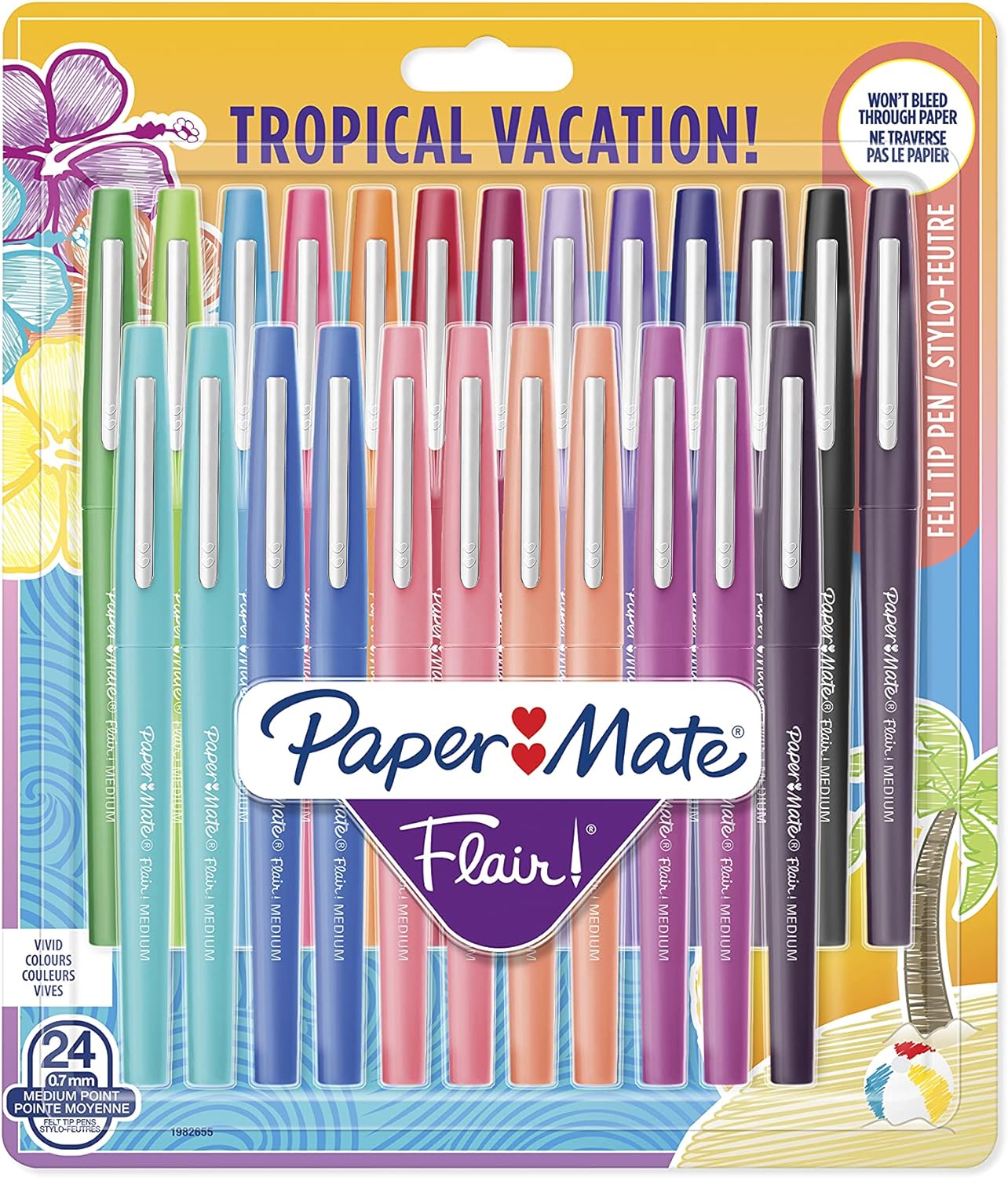 Paper Mate Flair Felt Tip Pens, Medium Point (0.7mm), Tropical & Assorted Colors, 24 Count 982655