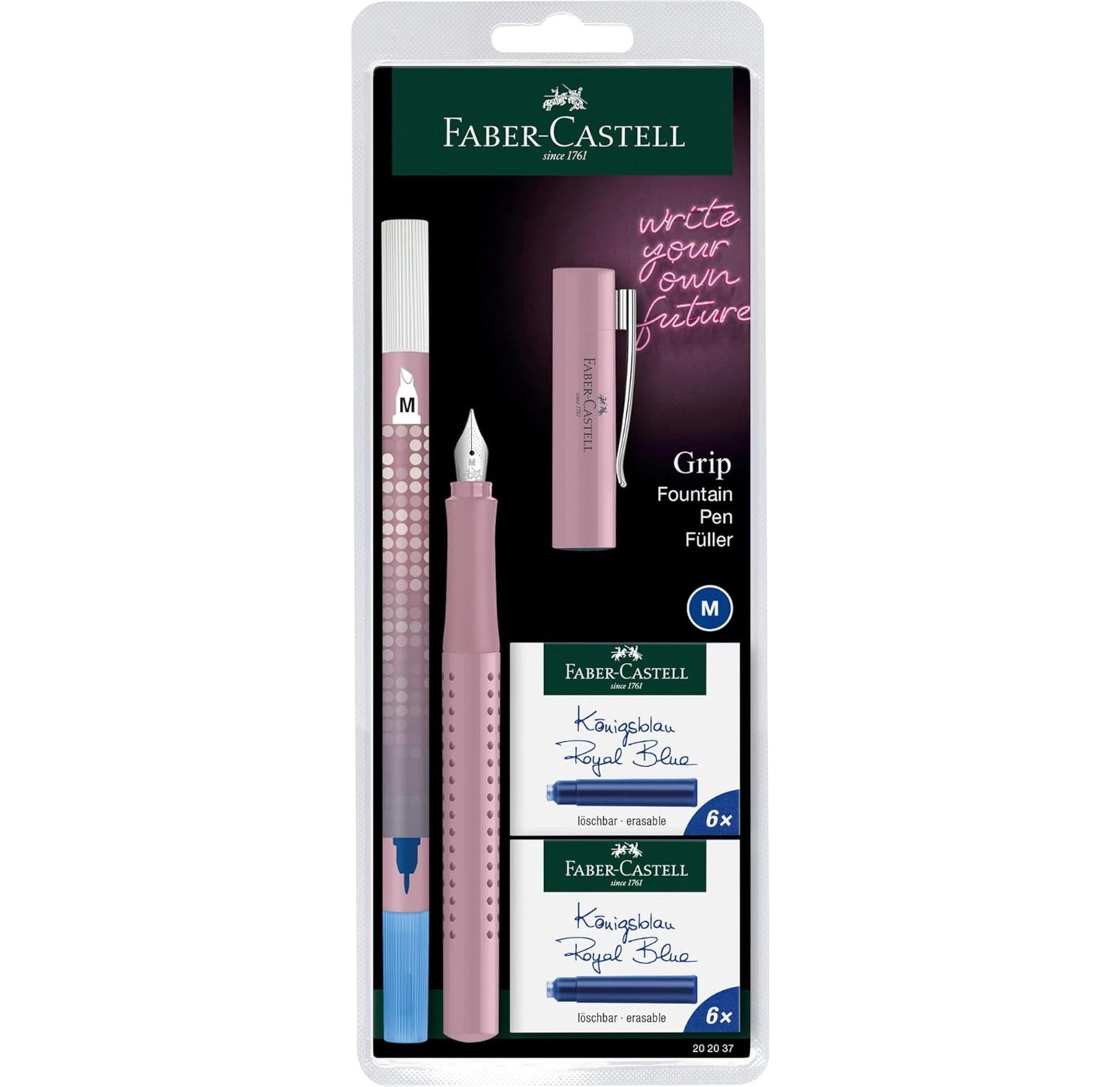 Faber-Castell Grip 2010 Harmony Fountain Pen, Nib M, Rose Shadow, with Ink Eraser and 12 Replacement Cartridges 202037