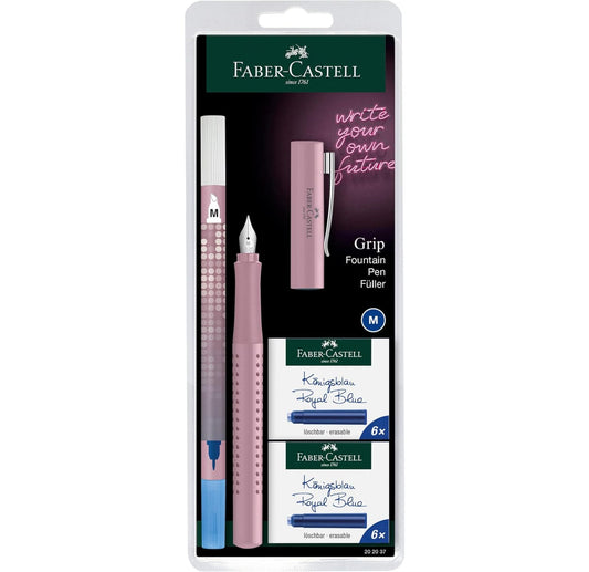 Faber-Castell Grip 2010 Harmony Fountain Pen, Nib M, Rose Shadow, with Ink Eraser and 12 Replacement Cartridges 202037