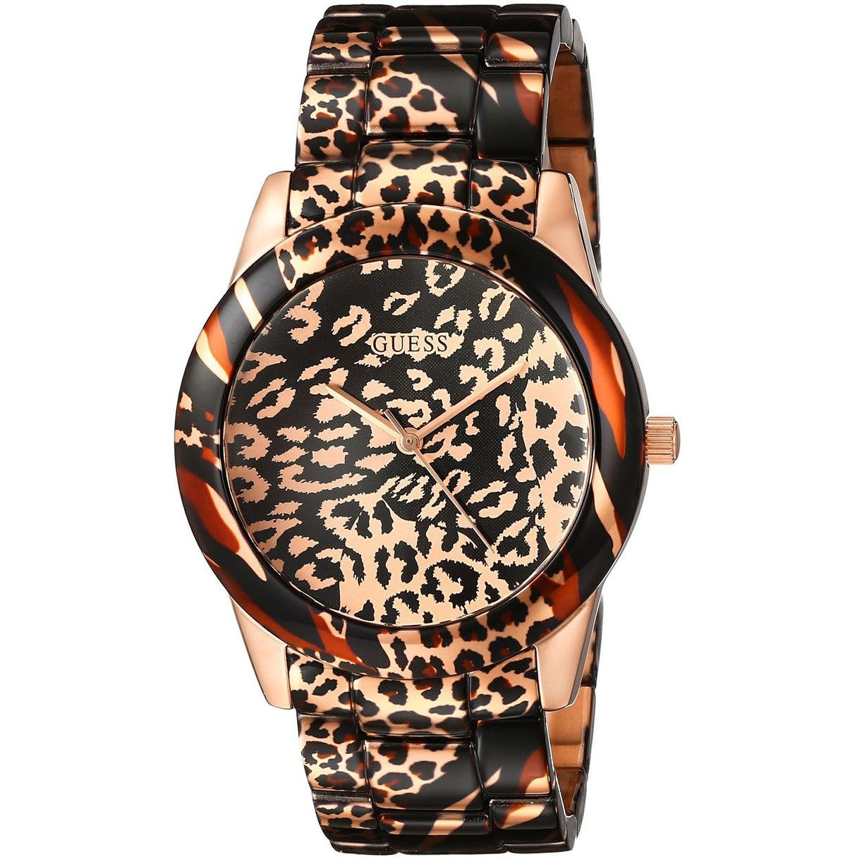 GUESS Women's U0425L3 Brown Patent Watch with Rose Gold-Tone Animal Print