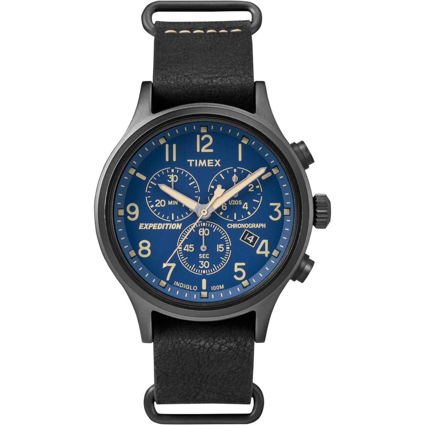 Timex Men's TW4B04200 Expedition Scout Chrono Black/Blue Leather Slip-Thru Strap Watch