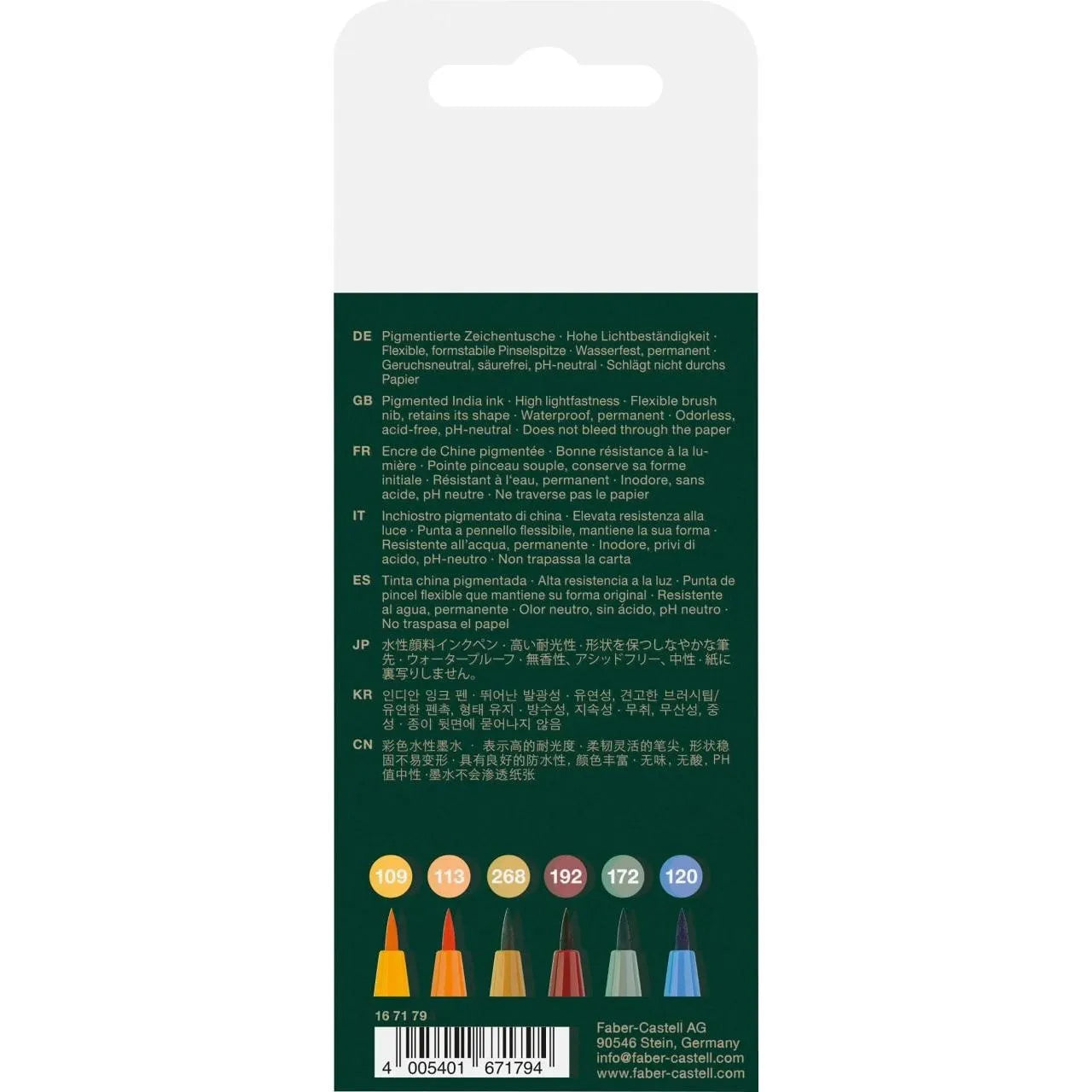 Faber-Castell Pitt Artist Pen Brush India ink pen wallet of 6, Harvest 167179