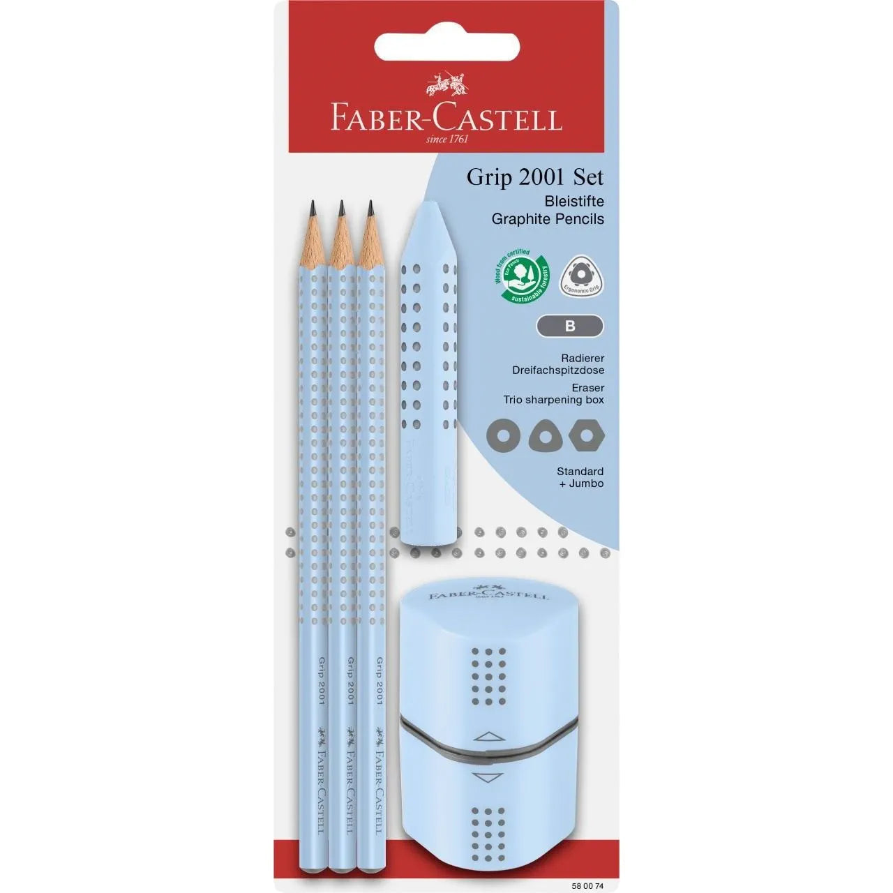Faber-Castell Grip 2001 pencil, eraser, sharpener, set, sky blue 580074