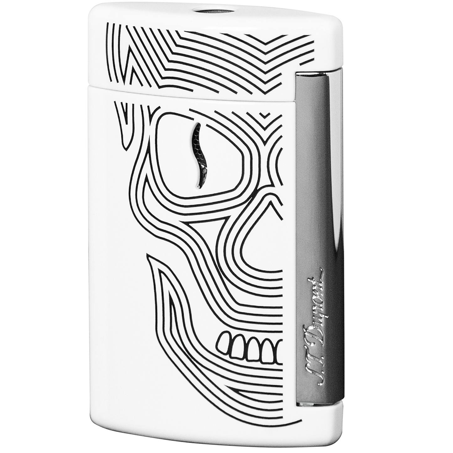 S.T. Dupont MiniJet Chrome finish White lighter with Black Skull 10512