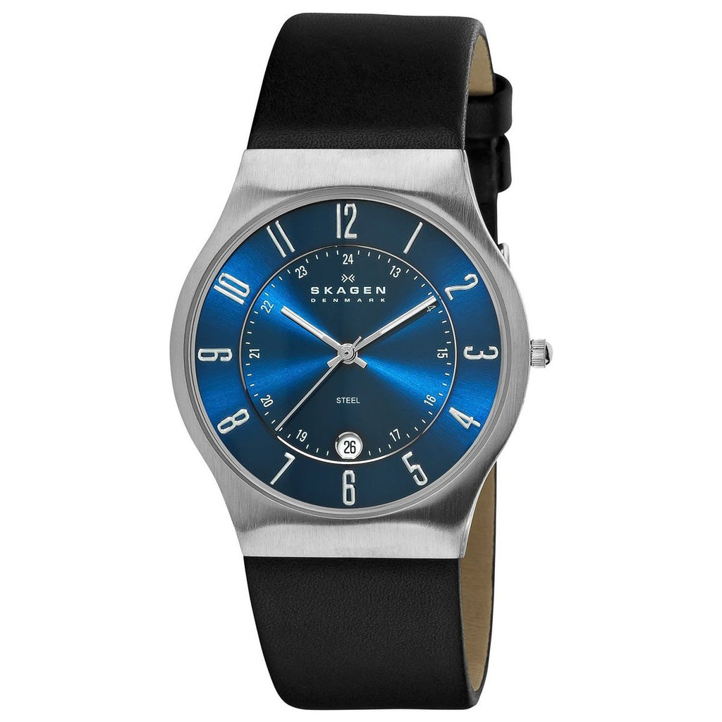 Skagen Men's Classic 233XXLSLN Black Leather Quartz Watch with Blue Dial