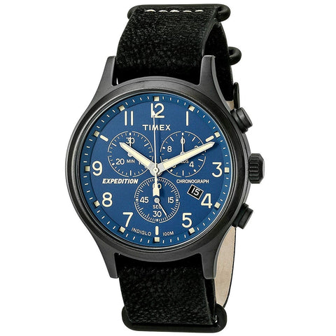 Timex Men's TW4B04200 Expedition Scout Chrono Black/Blue Leather Slip-Thru Strap Watch