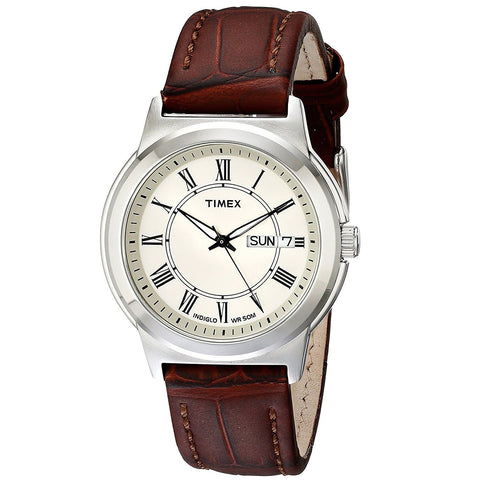 Timex Men's T2E581 Elevated Classics Silver-Tone Watch with Brown Leather Band